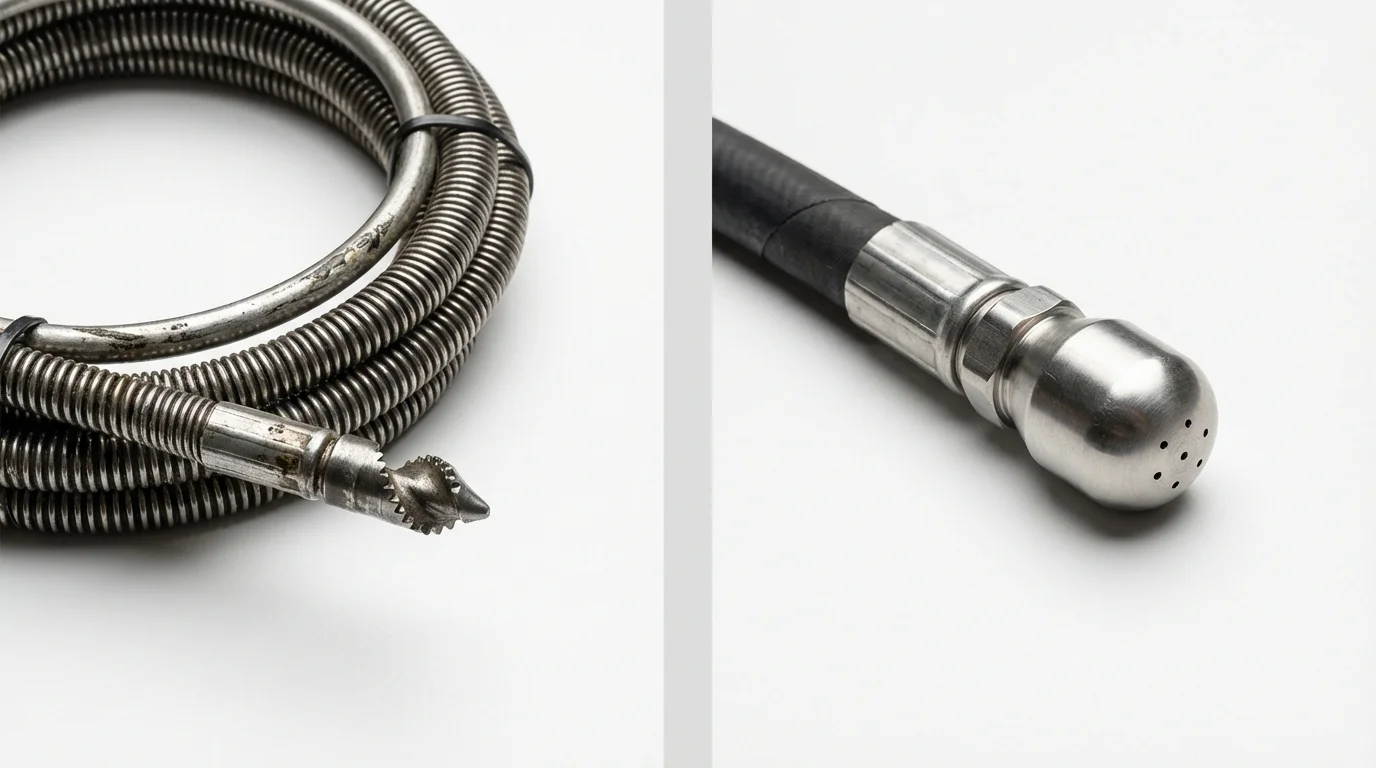 Drain snake cable and hydro jetting nozzle used for drain cleaning in Molino, FL
